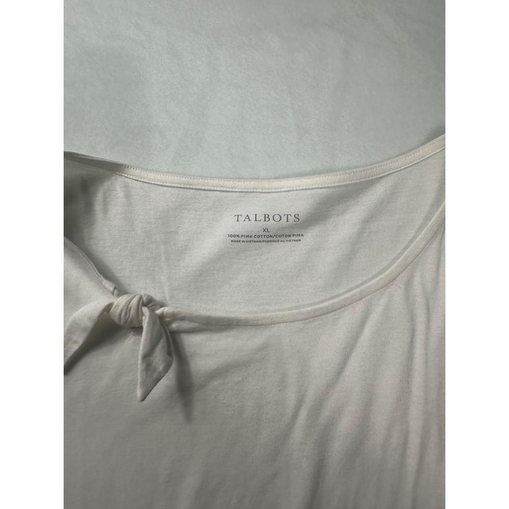 Talbots Women's XL White Pima Cotton Top Tie Neck Short Sleeve Tee - Picture 2 of 4